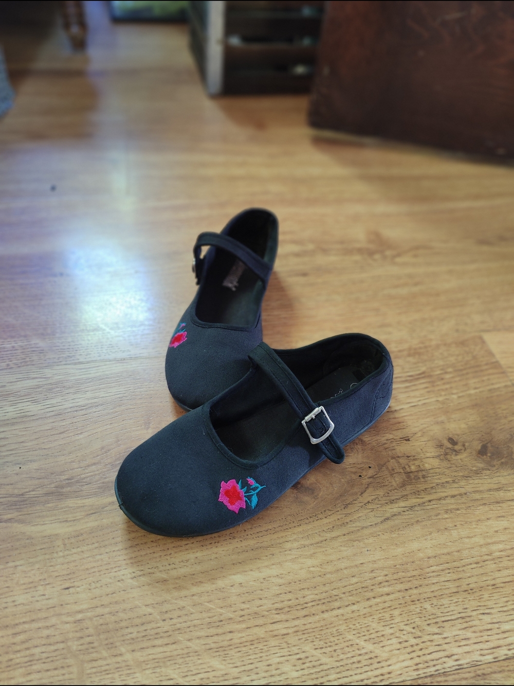 Demonia Mary Jane Flats with Pink Embroidered Rose